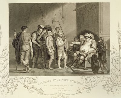 Falstaff v Justice Shallows, v Henry IV (část 2) dějství III, scéna 2, William Shakespeare (1564-1616) od English School