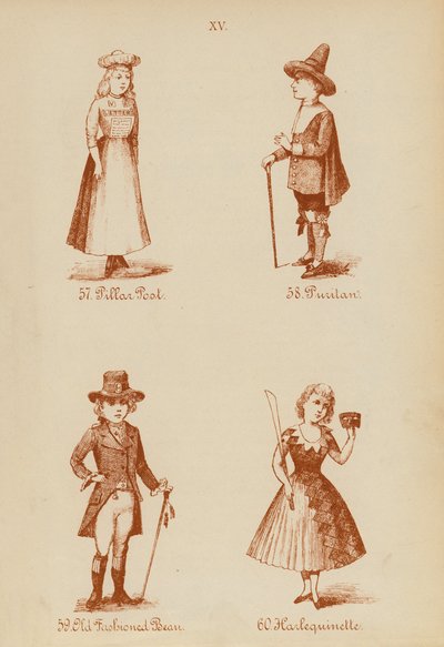 Oblečení pro maškarní: (litografie): Pillar Post, Puritan, Old Fashioned Bean, Harlequinette (litografie) od English School