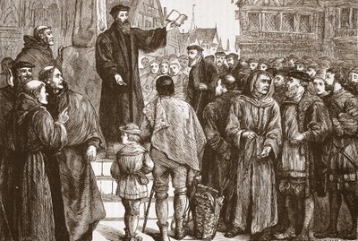 Farel kázání na trhu v Neuchatel, ilustrace z Historie protestantismu od Jamese Aitkena Wylie (1808-1890), hospoda. 1878 od English School
