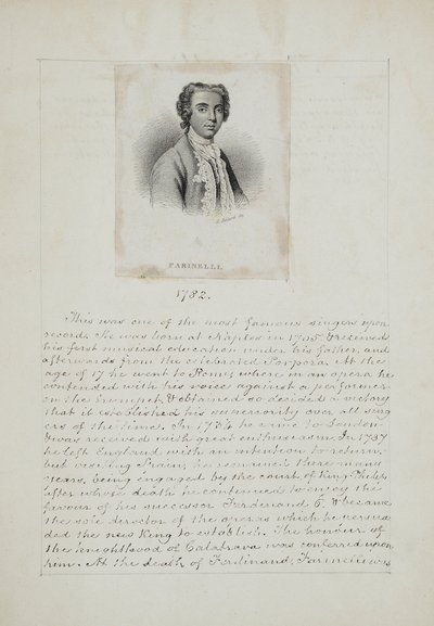 Farinelli, vyryl Henry Adlard (fl.1828-69), kolem roku 1830 (rytina a pero a inkoust na papíře) od English School