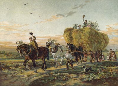 Farmáři vracející se z polí s vozem sena od English School