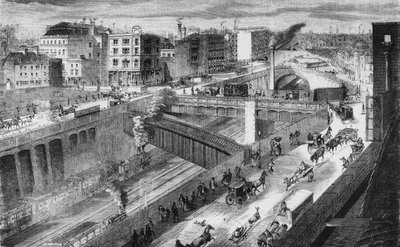 Farringdon Road a Metropolitan Railway při pohledu na sever od English School