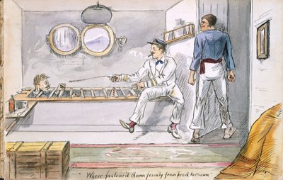 Pevně připevněný od hlavy ke koruně... - Reverend dostává námořní léčbu na mořskou nemoc z Ye Pilgrimage of ye Revnd. Simpleheart, Dobrodružství naivního misionáře v jižních mořích, od English School