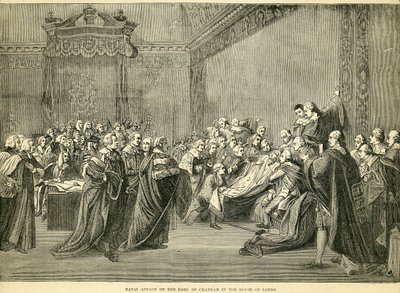 Fatální zabavení hraběte z Chathamu ve Sněmovně lordů, 1778 od English School