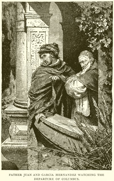 Otec Juan a Garcia Hernadez sledují Columbusův odlet od English School