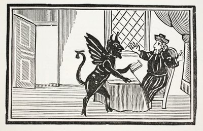 Faust varoval Duchem, aby očekával svůj konec, ilustrace z Kapitálových knih osmnáctého století od Johna Ashtona, hospoda. 1882 od English School
