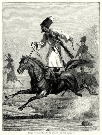 Jezdecké výkony kavkazských kozáků (rytina) od English School