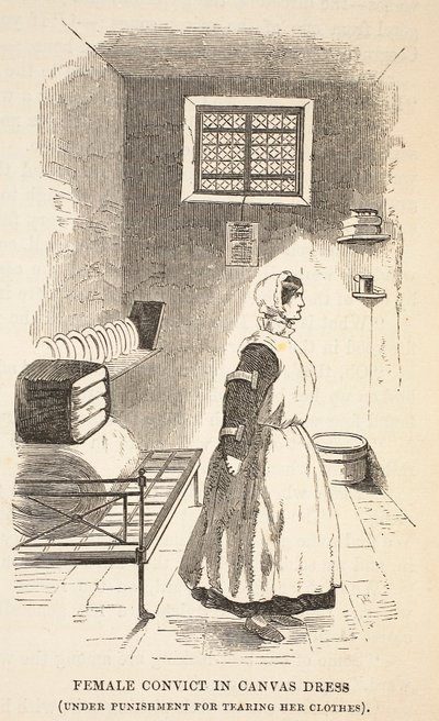 Odsouzenkyně v plátěných šatech (pod trestem za roztržení šatů), ilustrace z knihy The Criminal Prisons of London and Scenes from Prison Life od Henryho Mayhewa a Johna Binnyho, vyd. 1862 (engra od English School