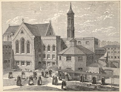 Odsouzené ženy cvičí na vězeňském dvoře ve věznici Brixton, ilustrace z knihy The Criminal Prisons of London and Scenes from Prison Life od Henryho Mayhewa a Johna Binnyho, pub. 1862 od English School