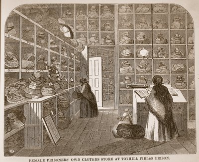Vězeňkyně vlastní obchod s oblečením ve věznici Tothill Fields, ilustrace z knihy The Criminal Prisons of London and Scenes from Prison Life od Henryho Mayhewa a Johna Binnyho, vyd. 1862 od English School