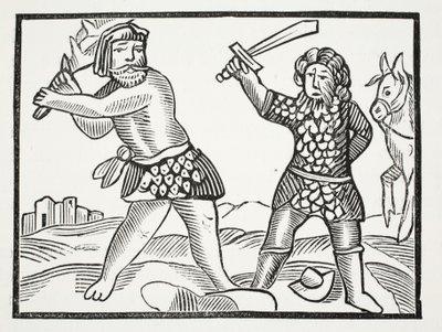 Ferragus pozvedá mocnou armádu a obléhá město Acquitain, ilustrace z Chap-books of the Eighteenth Century od Johna Ashtona, hospoda. 1882 od English School