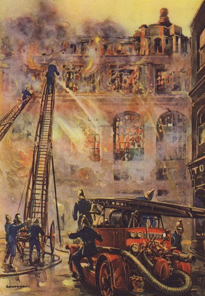 Hasiči bojující s požárem ve velkém hotelu (barva litho) od English School