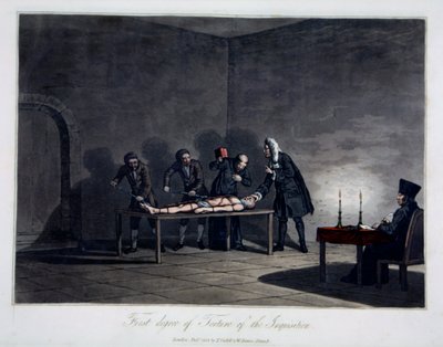 První stupeň mučení inkvizice, vyryl L.C. Stadler, hospoda. Cadell & Davies, Londýn, kolem roku 1813 (barevná rytina) od English School