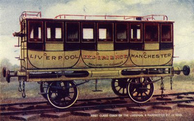 Prvotřídní autobus na Liverpool a Manchester Railway v roce 1838 (barevné lito) od English School