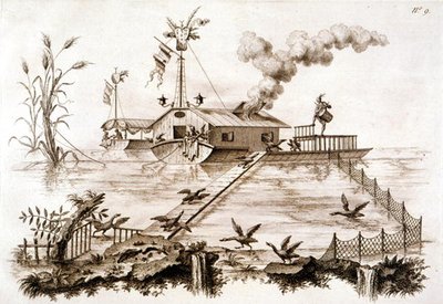 Rybaření s kormorány pomocí vodního člunu a oplocené ohrady, ilustrace z „Pojednání o japonštině a lakování...“ od George Parkera a Johna Stalkera, vydáno 1688 (litho) od English School