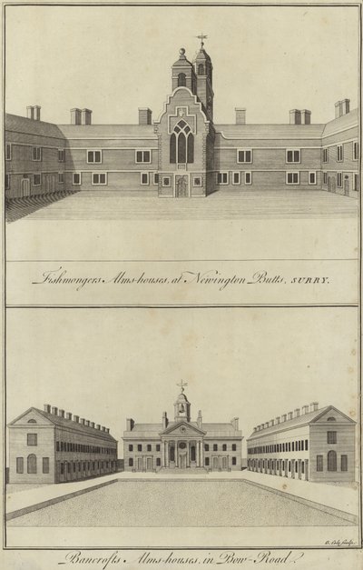 Fishmongers Almshouses, Newington Butts a Bancrofts Almshouses, Bow Road, Londýn od English School
