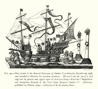 Plovák nesený ve smutečním průvodu Karla V. v Bruselu 29. prosince 1558 a určený k ilustraci jeho námořní velikosti (rytina) od English School
