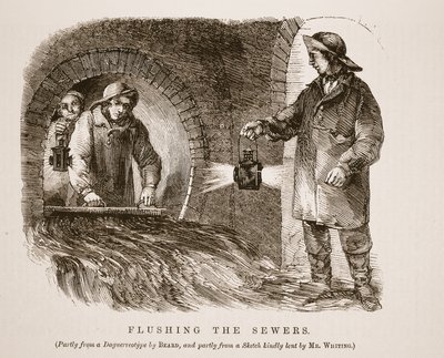Splachování stok, částečně z daguerrotypie Richarda Bearda a částečně z náčrtu laskavě zapůjčeného panem Whitingem, ilustrace z London Labour and London Poor od Henryho Mayhewa, hospoda. 1862 (lit od English School