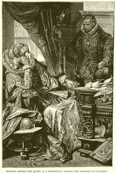 Fonseca před královnou jako protestant proti Kolumbovým schématům od English School