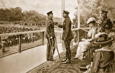 Za statečnost: král Jiří vyznamenává vojína Thomase Hughese z Connaught Rangers Řádem vítězství v Hyde Parku 2. června 1917, 1914-19 od English School