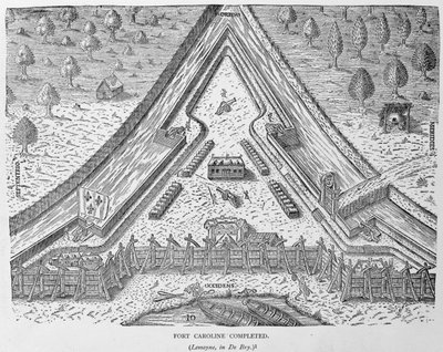 Fort Caroline Dokončeno, z „Narrative and Critical History of America“, editoval Justin Winsor, Londýn, 1886 od English School