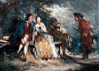 Čtyři postavy, dva z nich milenci, v rozhovoru, cca 1800 (olej na palubě) od English School