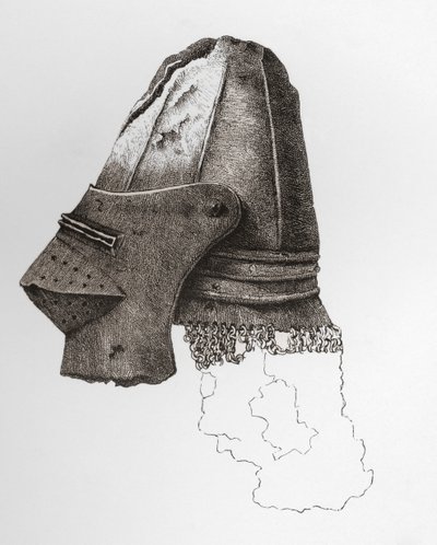Visored Bassinet ze 14. století, téměř kulovitý, s připevněnou Camailie, z hradu Warwick. From The British Army: Its Origins, Progress and Equipment, publikoval 1868. od English School