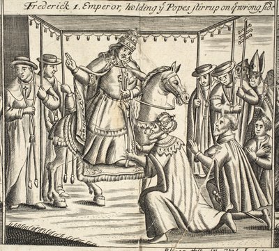 Frederick I., císař, držící papežův třmen na nesprávné straně, ilustrace ze Skutků a pomníků od Johna Foxe, deváté vydání, hospoda. 1684 od English School