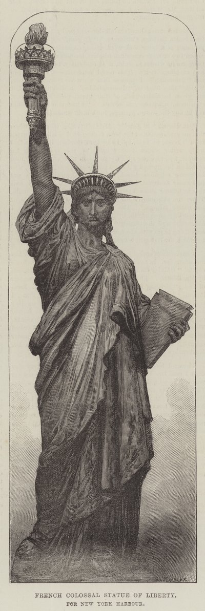 Francouzská kolosální socha svobody, pro přístav New York (rytina) od English School