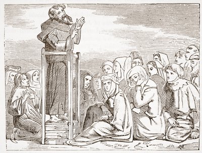 Mnich káže z pohyblivé kazatelny, ilustrace z Historie protestantismu od Jamese Aitkena Wylie (1808-1890), hospoda. 1878 od English School