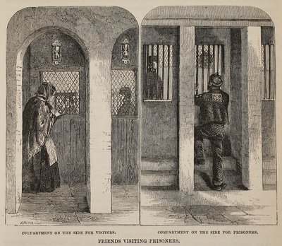 Přátelé navštěvující vězně, ilustrace z knihy The Criminal Prisons of London and Scenes from Prison Life od Henryho Mayhewa a Johna Binnyho, vyd. 1862 od English School