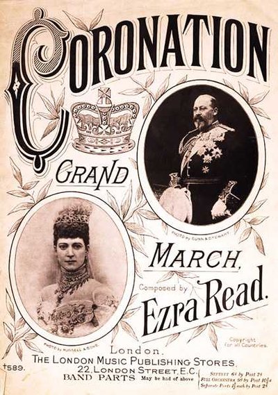 Přední strana partitury "Coronation Grand March", kterou složil Ezra Read (litografie) od English School