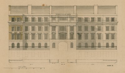 Přední pohled na Furnivals Inn, Holborn, Londýn od English School