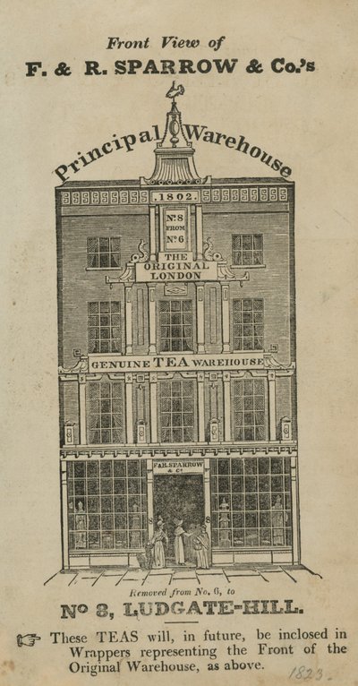 Čelní pohled na sklad Fred & Robert Sparrow & Cos v Ludgate Hill od English School