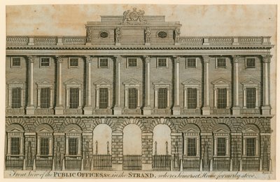 Čelní pohled na veřejné kanceláře ve Strand, kde dříve stál Somerset House od English School
