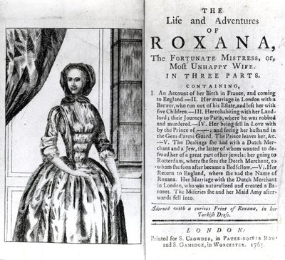Frontispis a titulní strana pro The Life and Adventures of Roxana od Daniela Defoe, vydáno 1765 od English School