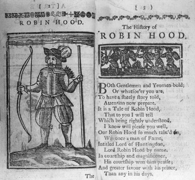 Frontispis a úvodní řádky k Historii Robina Hooda od English School