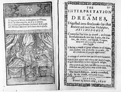 Frontispis a titulní strana k The Interpretation of Dreams od Artemidorus, anglické vydání vydané v roce 1644 od English School