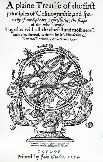 Frontispis z A Plain Traatise of the First Principles of Cosmographie od Thomase Blundeville, vydaného v roce 1594 od English School