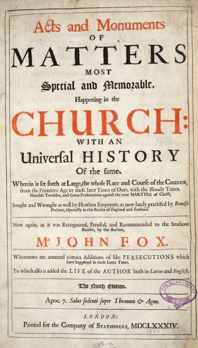 Frontispis , z Acts and Monuments od Johna Foxe, deváté vydání, pub. 1684 od English School