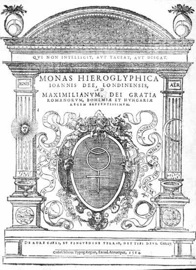 Frontispis z knihy Monas Hieroglyphica od Johna Dee, vydané v roce 1564 (tisk) od English School