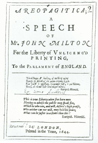 Frontispis Areopagitica, řeč Johna Miltona (1608-74) hospoda. v roce 1644 od English School