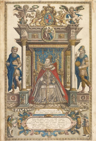Frontispis Atlasu zemí Anglie a Walesu od Christophera Saxona, Londýn 1579 (ručně kolorovaná rytina) od English School