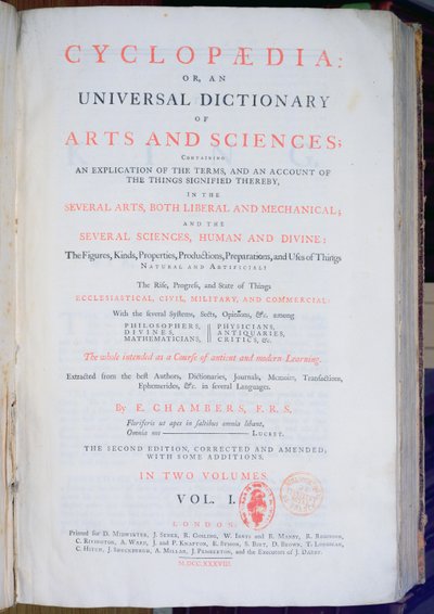 Frontispiece of Encyclopaedia: An Universal Dictionary of Arts and Sciences, sv. I, Ephraim Chambers, Londýn, 1738 (tištěný papír) od English School