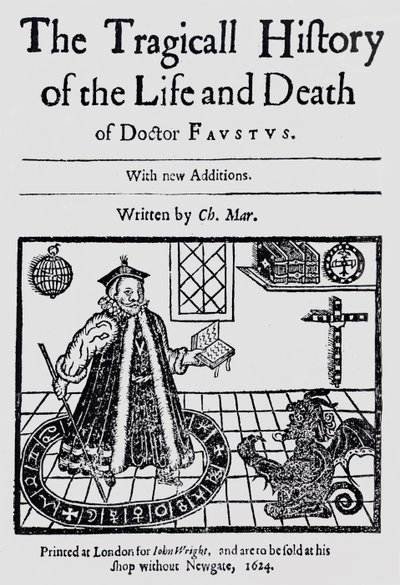 Frontispis Tragické historie života a smrti doktora Fausta od Christophera Marklina, kolem roku 1616 od English School