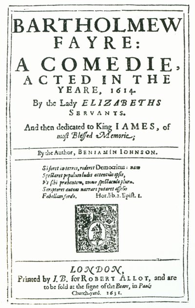 Frontispis k Bartholomew Fayre: A Comedie od Benjamina Jonsona (15723-1637) 1631 od English School