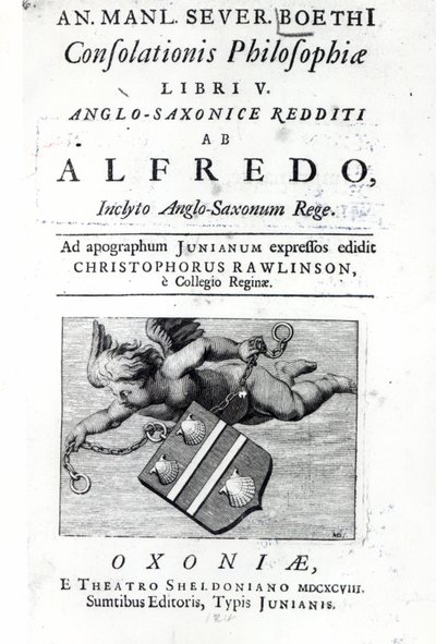 Frontispis k překladu Alfréda Velikého od Christophera Rawlinse, vydání Boethia De Consolationis Philosophiae, 1698 (tisk) od English School