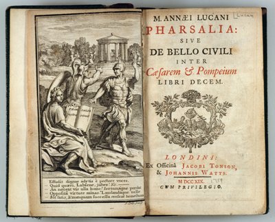 Frontispis do Pharsalia aneb Občanská válka mezi Caesarem a Pompeiem od Marcus Annaeus Lucan (AD 39-65), rytý J. Cole, 1719 od English School
