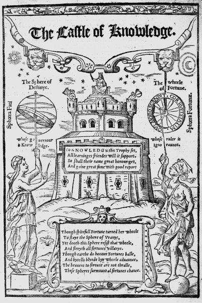 Frontispis knihy Zámek poznání od Roberta Recorda, 1556 od English School