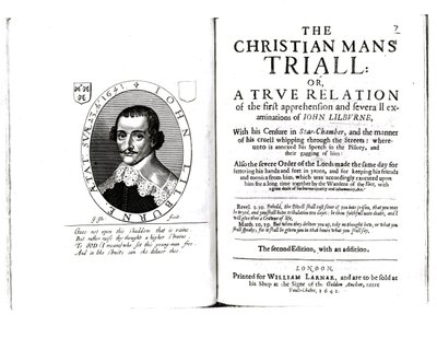 Frontispis k The Christian Mans Trial od Johna Lilburnea (asi 1614-57) 1641 od English School